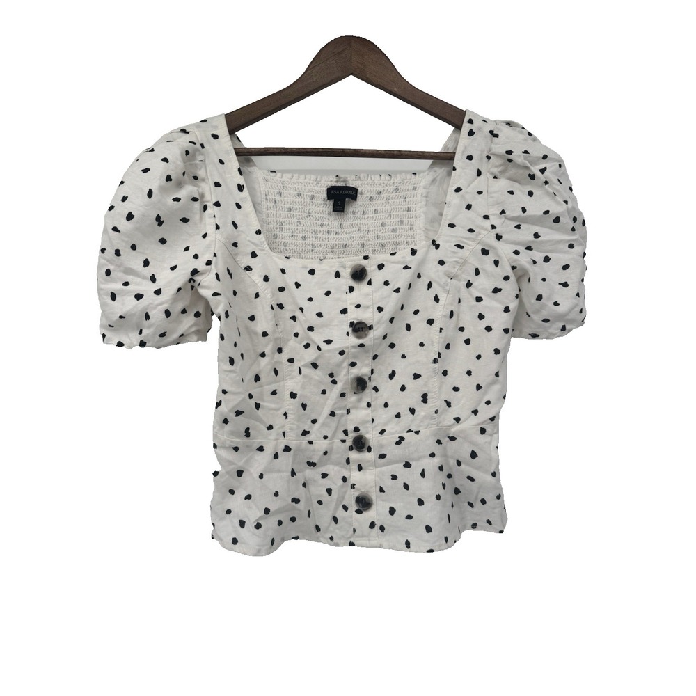 Banana Republic white black Polka Dot Blouse linen blend puff sleeve cottagecore